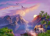 Красивый пейзаж с горным озером и лошадьми