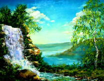 Небольшой водопад у березы