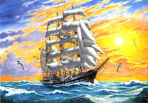 Парусник в море на рассвете