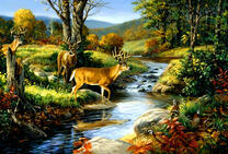 Олени у реки в осеннем лесу