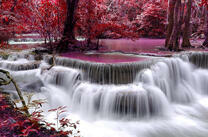 Каскадный водопад средь розового леса