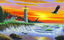 Морской берег, маяк и орлан в небе