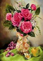 Букет розовых роз и яблоко