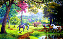 Выгул лошадей у лесного озера