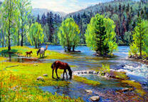 Лошади на водопое у подножья гор