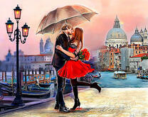 Поцелуй на мощенной набережной под зонтом