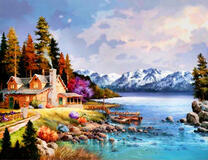 Домик у горного осеннего озера