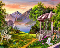 Зелёный сад в горах с милой беседкой