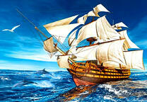 Корабль идет с полными парусами по морю