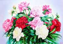 Букет красных, розовых и белых пионов