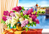 Букет сирени на фоне реки