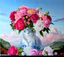 Букет пионов на фоне гор