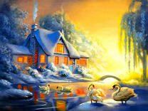 Лебеди у заснеженного дома