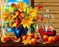 Осенние листья, вино и урожай яблок