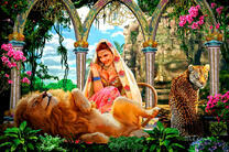 Принцесса играет со львом и леопардом