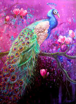 Красочный павлин на ветке сакуры