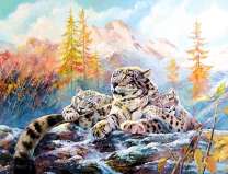 Семья снежных барсов в осенних предгорьях