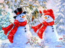 Снеговики среди заснеженных деревьев