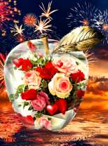 Букет из роз на фоне салюта