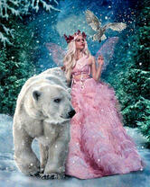 Фея в розовом, белый медведь и полярная сова