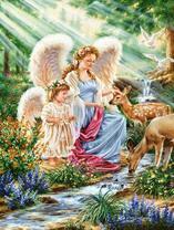 Ангелы кормят оленей в лесу у ручья