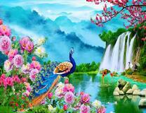 Павлин и журавль в озере с водопадами