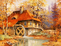 Домик с водяной мельницей в осеннем лесу