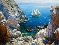 Вид на парусник со скалистой бухты