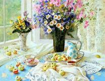 Яблоки, чай и ромашки с полевыми цветами