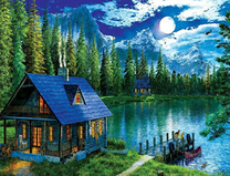 Домик у озера при лунном свете
