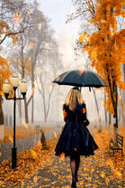 Блондинка под черным зонтом в осеннем парке
