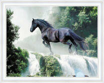 Большой чёрный конь над лесным водопадом