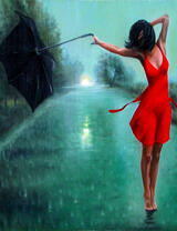 Девушка в красном платье под зонтом