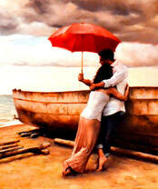 Объятия под зонтом у моря