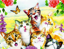 Веселые котята среди цветов и бабочек