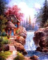 Уютный домик у красочного водопада