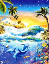 Дельфины под водой у тропического острова