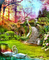 Каменная лестница к озеру с лебедями