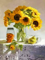 Букет подсолнухов, абрикосы и груша