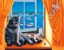 Мей-кун в комнате на фоне моря