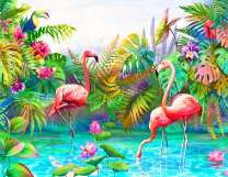 Три фламинго на озере в джунглях