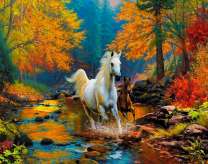 Белая лошадь с жеребёнком в лесу