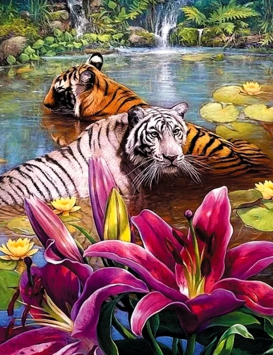Алмазная мозаика 40x50 Тигр в озере и большие лилии