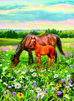 Лошадь и жеребёнок на весеннем лугу