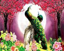 Два павлина под полной луной в цветущем саду