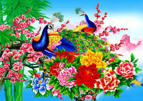 Яркие цветы и пара павлинов в них