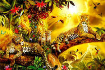 Семья леопардов на цветущем дереве