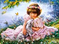 Девочка в розовом и щенок далматинца