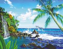 Красочная бухта с водопадом и пара дельфинов