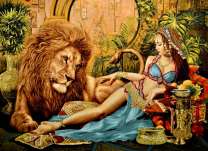 Большой лев и девушка в откровенном наряде